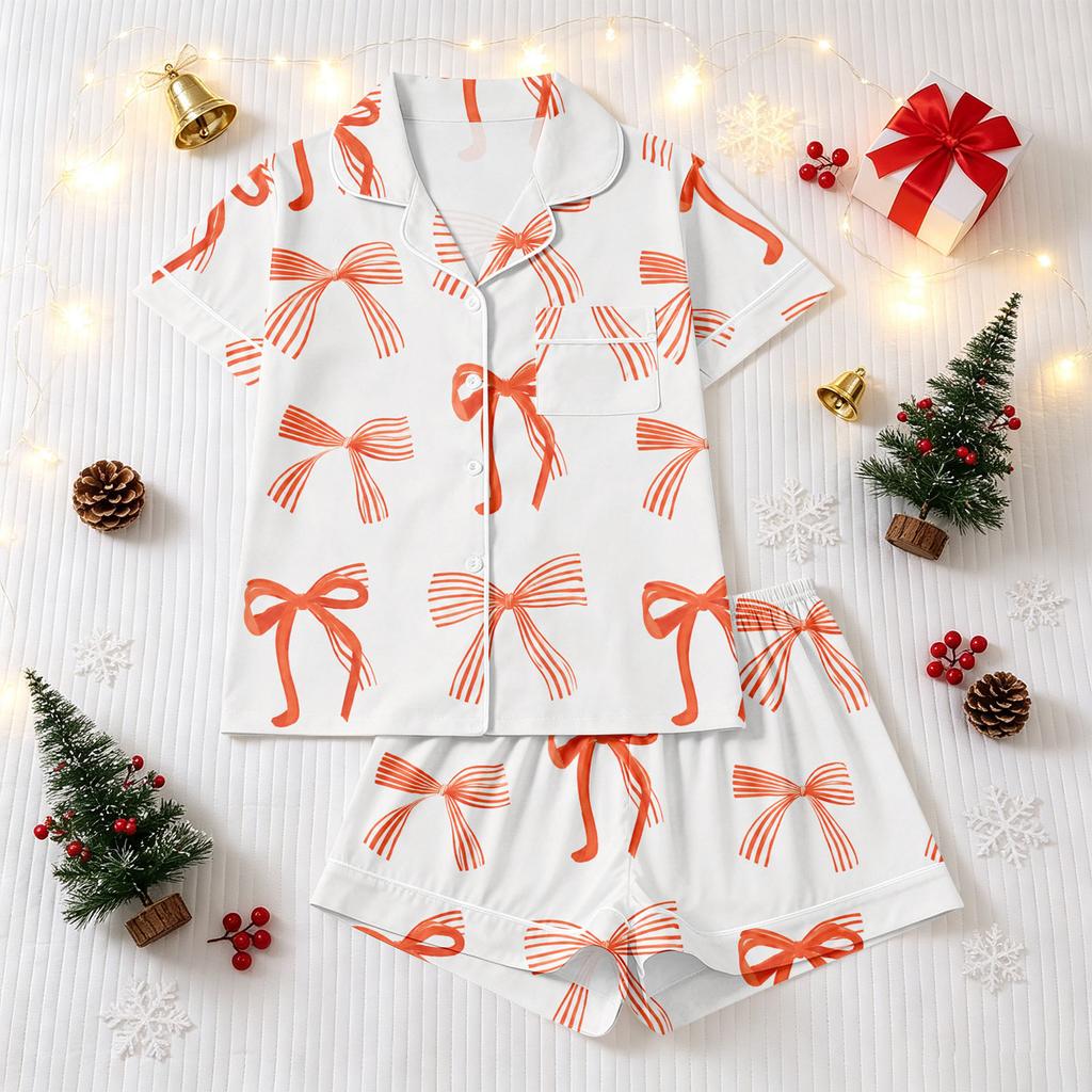 Women's Christmas Pajama Set Short Sleeve Button Down Shirt and Shorts Sleepwear