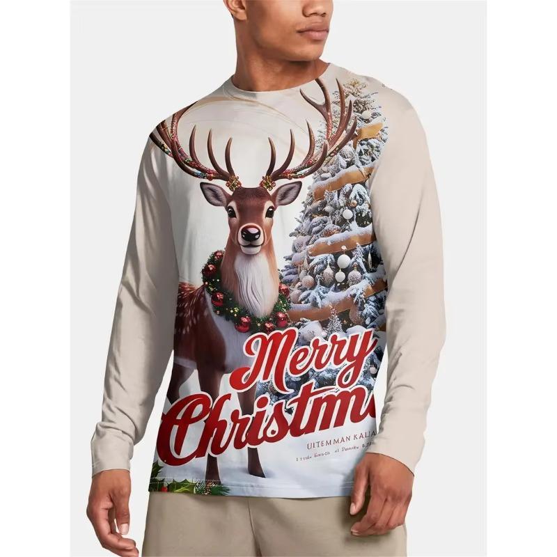Autumn and Winter Men's Santa Claus 3D Printed Crew Neck Long Sleeve T-Shirt