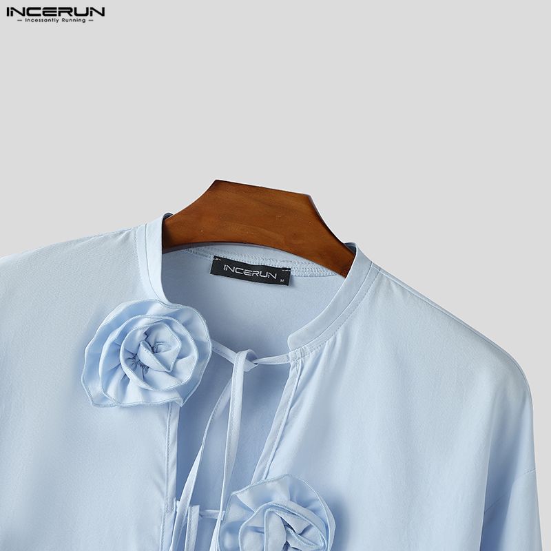 INCERUN Eleganti Camicie Casual da Uomo con Laccio al Collo, Maniche Lunghe, Fantasia Floreale