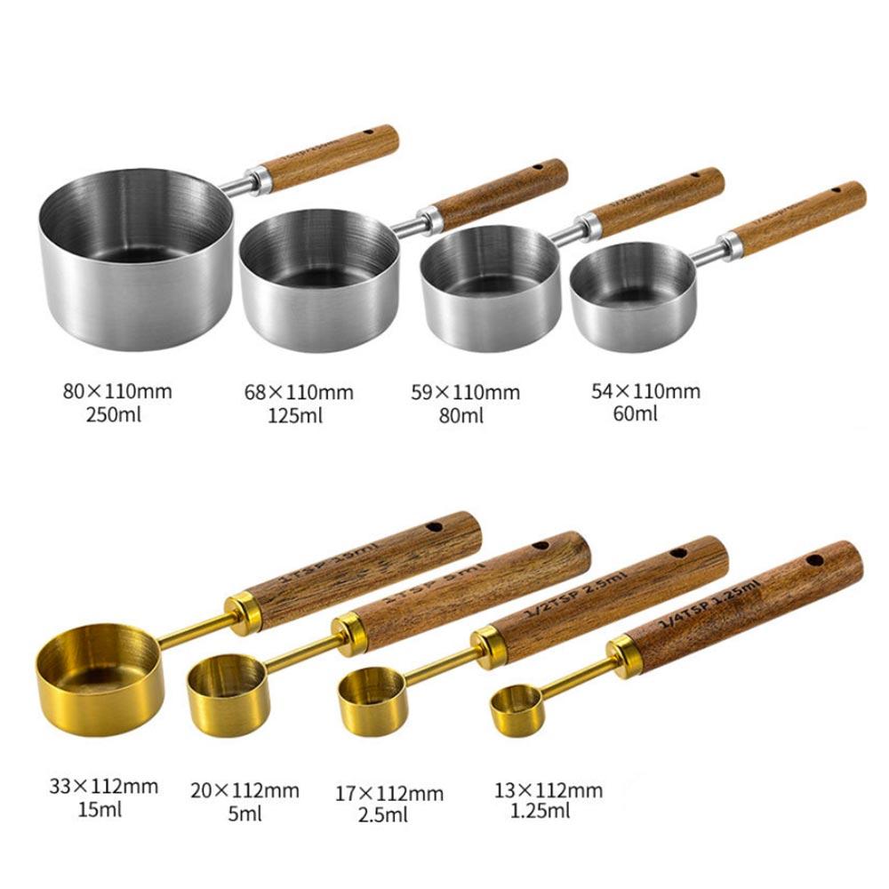 4Pcs Gold Plated Stainless Steel Measuring Cup Measuring Spoon Set Acacia Wood Handle Measuring Spoon Tool Kitchen Baking Tools