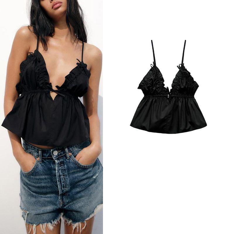 Spring New French Pure Desire Style Sweet V-neck Camisole Bowknot Decoration Poplin Tops 3358733