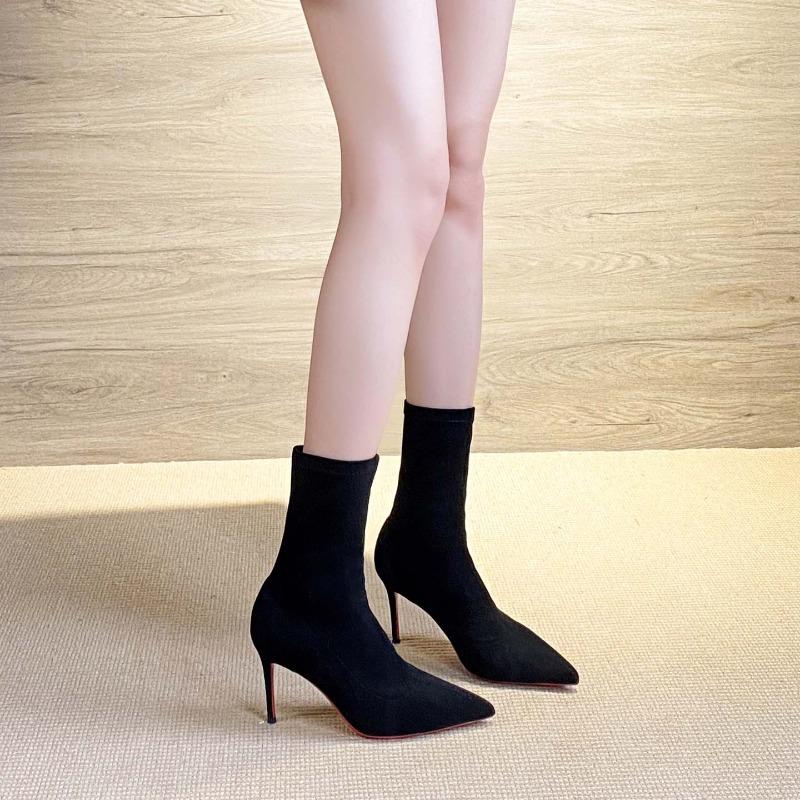 High heels pointed short boots women's autumn and winter new thin heels black elastic socks boots medium tube thin fashion boots