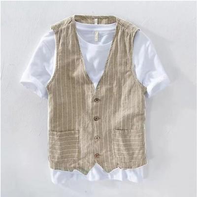 Tops casuales finos de lino sin mangas con cuello en V para primavera y verano para hombre
