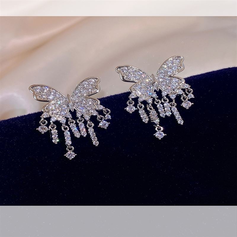 Zircon butterfly fringed earrings exquisite temperament versatile stud earrings niche fashion high sense earrings women