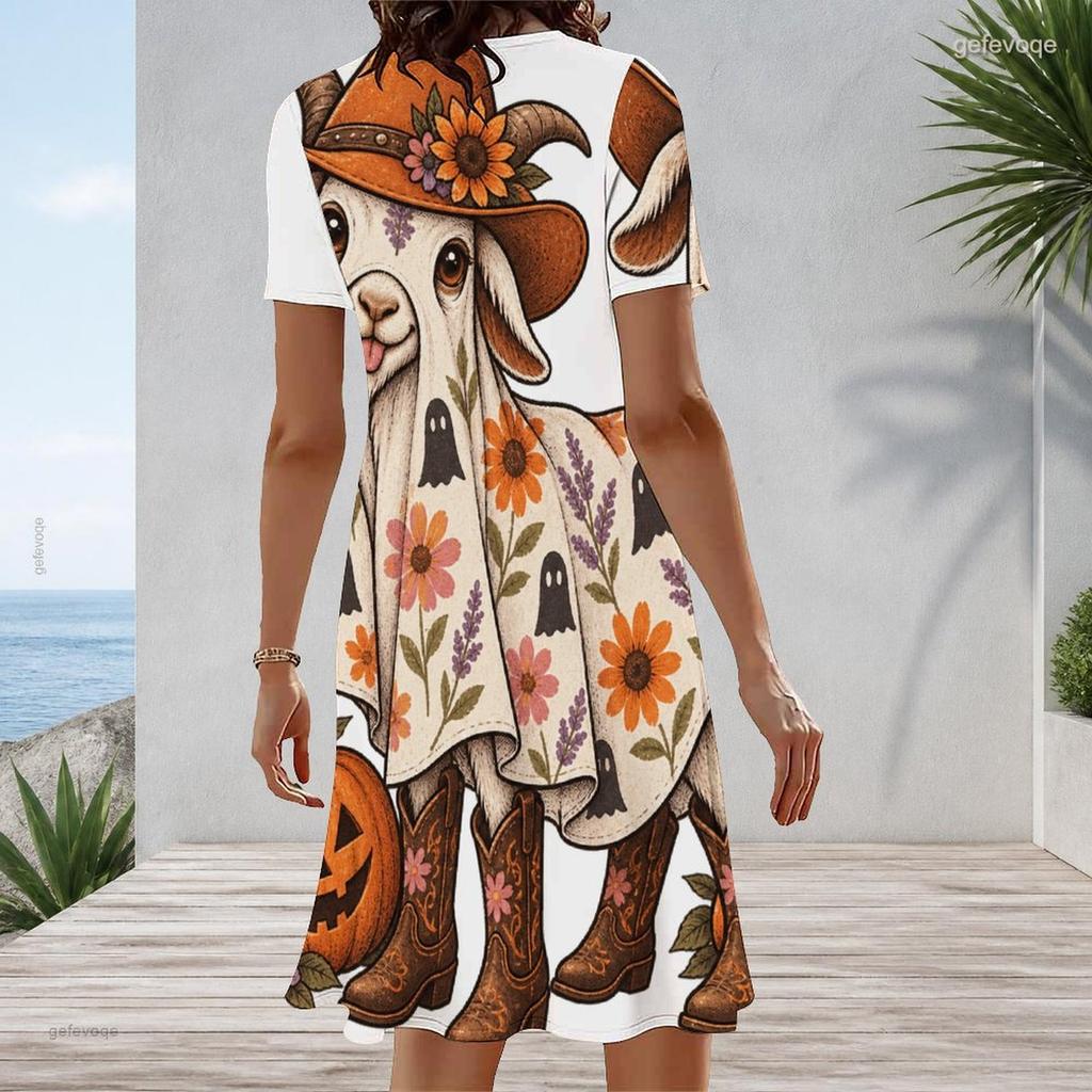 Women Plus Size Round Neck Short Sleeve Halloween Sloth Printed A Line Dress