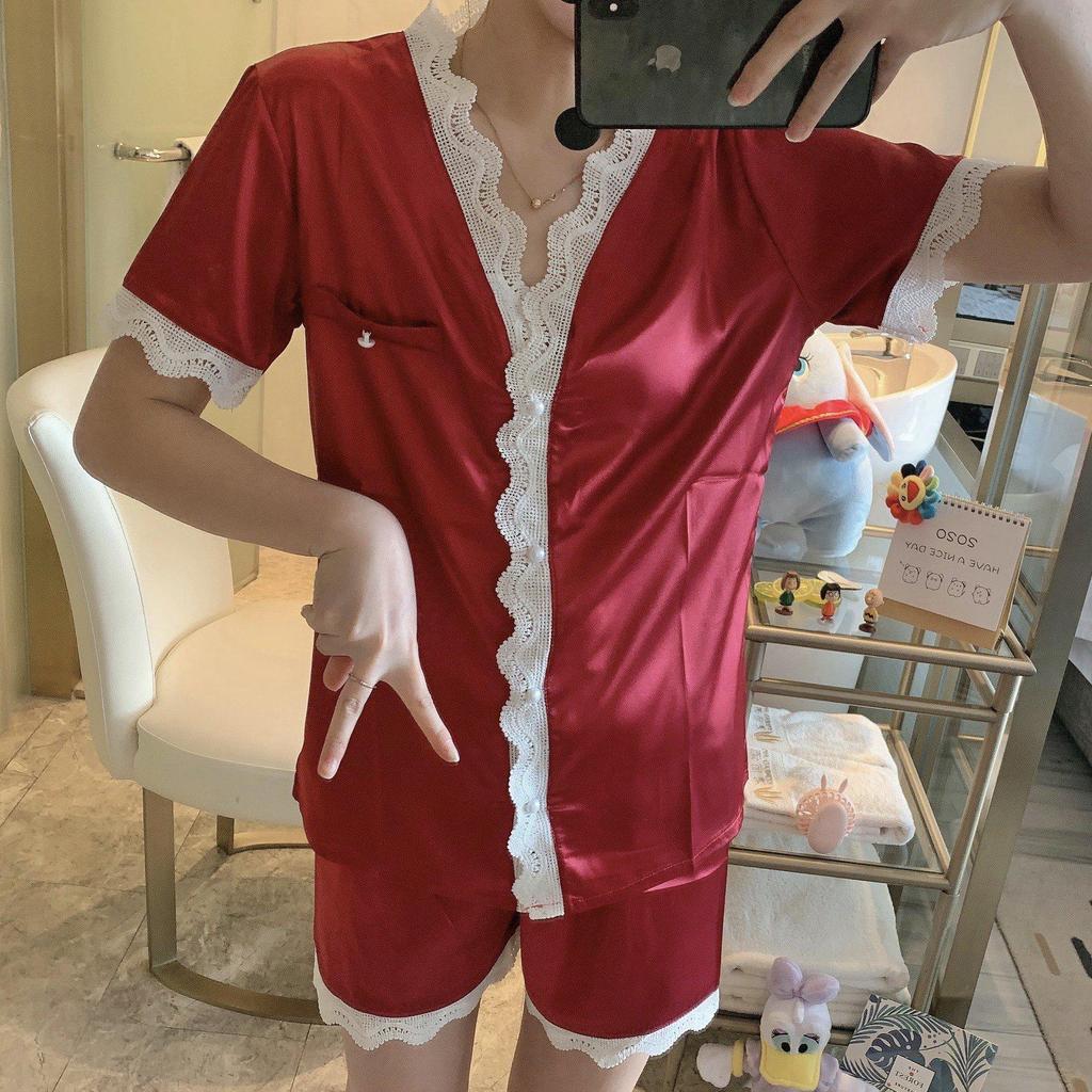 Women's Short Sleeve Faux Silk Ice Silk Pajama Set with Lapel - European Size