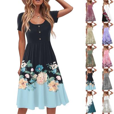 Mode Damen Sommer Vintage Blumenmuster Kleid Elegant Kurzarm Midi Kleid