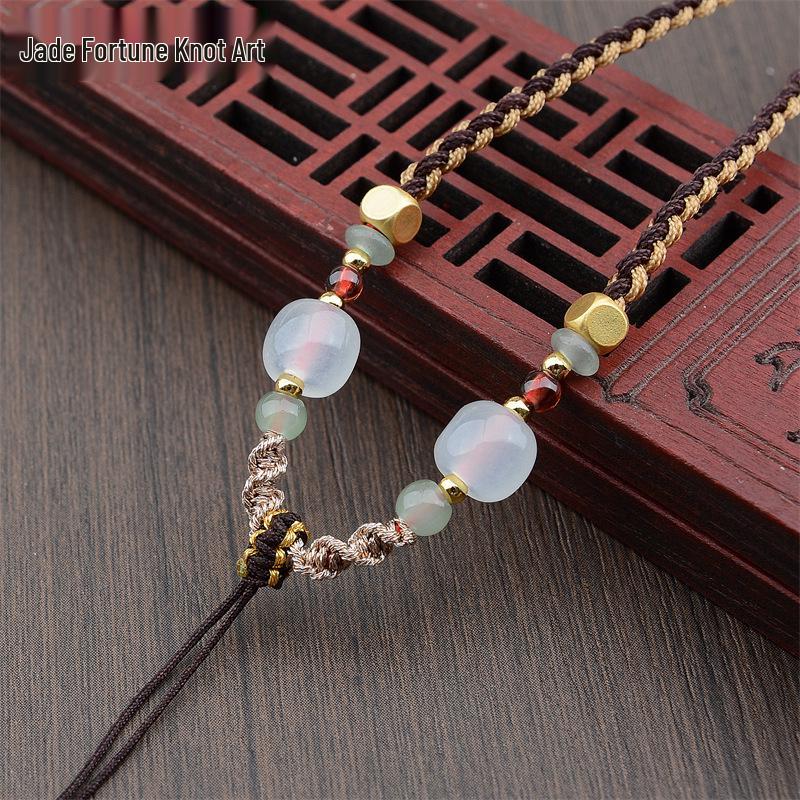 Four-Strand Braided Necklace Lanyard with Jadeite, White Agate, and Dongling Jade Pendant