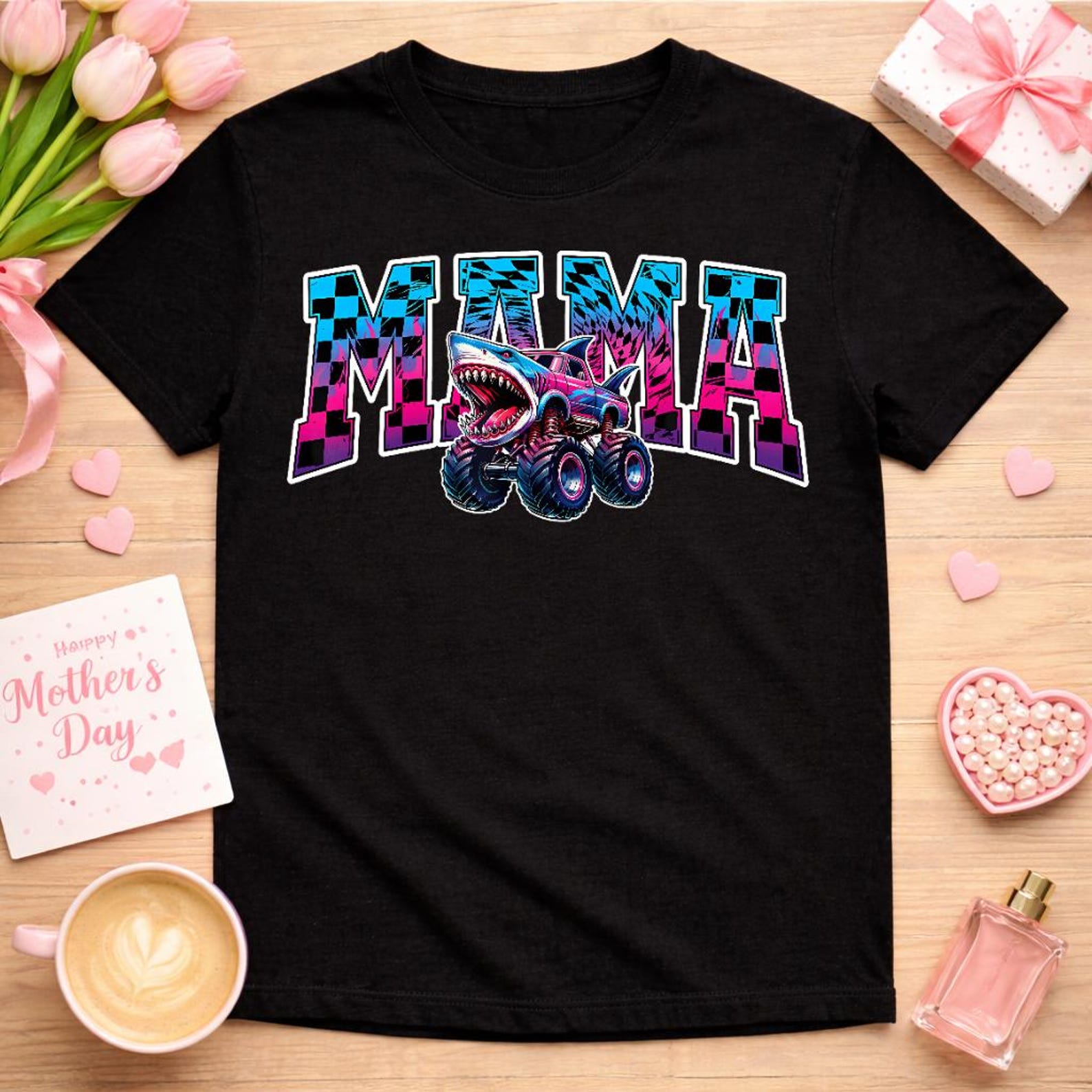 Mama Shark Monster Truck Shirt, Retro Monster Truck Mama Tee, Funny Monster Truck Mom Gift, Family Matching Mom 3XL