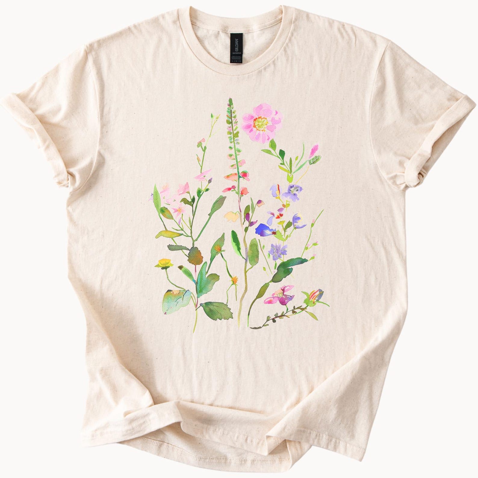 Wildflower Botanical Garden Watercolor Art Graphic T Shirt Floral Nature Plant Lover Tee Wild Flowers Hand Painted Meadow Shirt 100