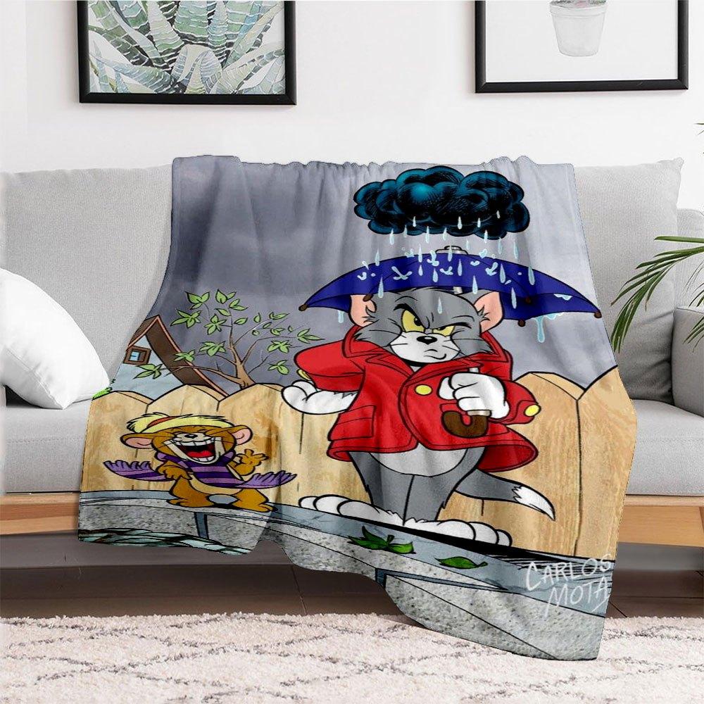 Tom and Jerry Rainy Day Adventure Poster PrintBlanket Flannel Throw Blanket for Sofa, Bed, Travel, Camping, Office