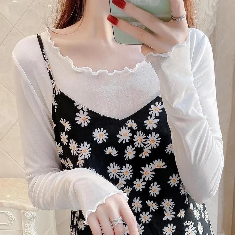 Kopi Long Sleeve Sheer Layering UV Elegant Tulle Round Sexy White Plus Size F See-Through Shirt, Protection, Top, Neck, Lace, Blouse, Women's, Size,
