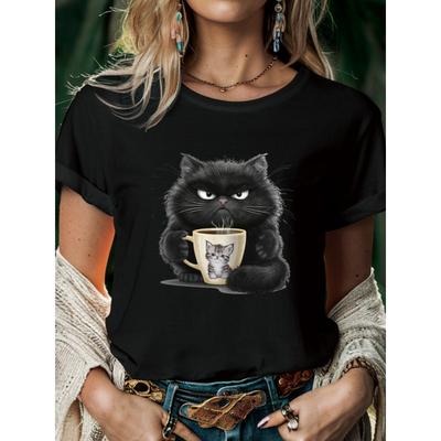 Cute Coffee Drinking Cat Women T Shirt Summer Fashion Short Sleeved T-shirt Tee Tops O-neck Casual Tshirt Women's Clothing