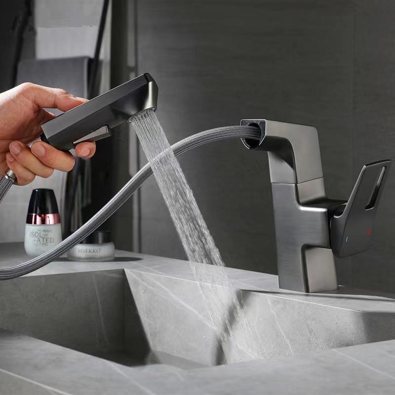 Bathroom Pull-out Basin Faucet 360 Rotation Single Hole Single Handle Hot And Cold Mixed Water Faucet Grey Sink Tap