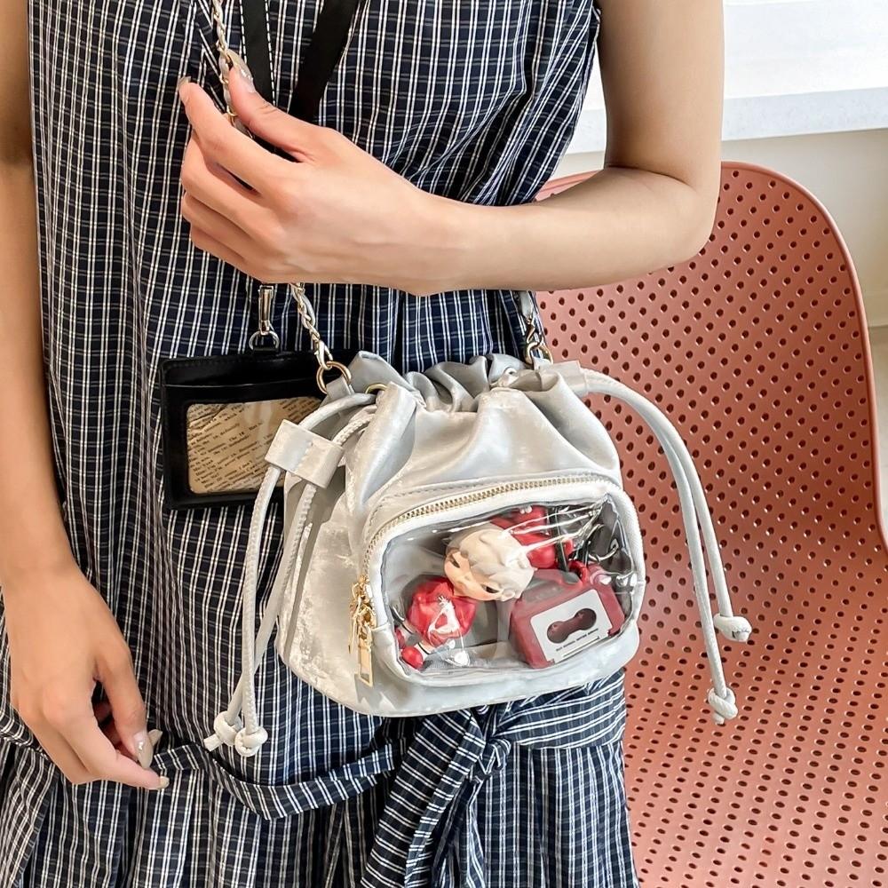Cute Handbag Transparent Pocket Itabag Shoulder Bag Purse Drawstring Bucket Bag Solid Color Korean Style Crossbody Bag Student