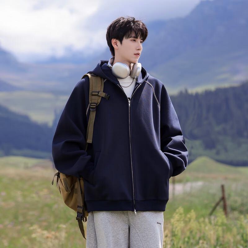 FENGXIAO Men's Retro Patchwork Hooded Zip-Up Sweatshirt