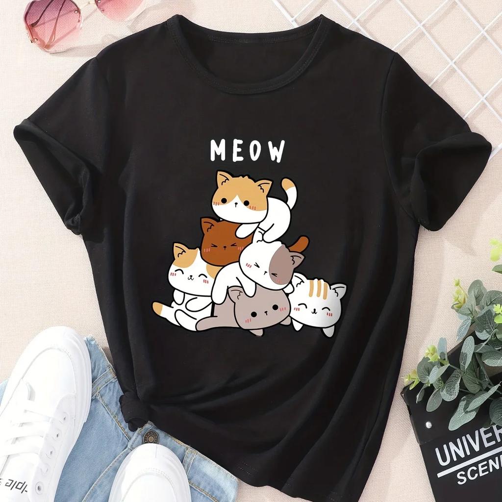 The Little Orange Cat Bows His Head and Refuses Printed TShirts Women Funny Cartoons Short Sleeves Soft Summer T Shirt Female