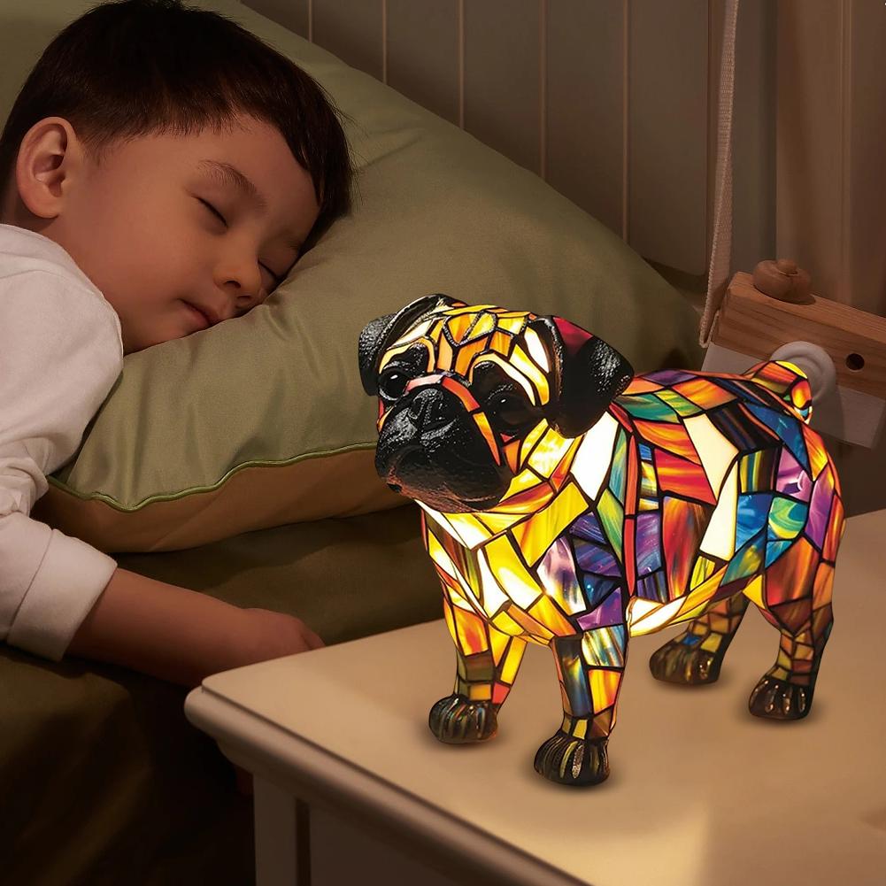 LED Animal Resin Table Lamp Dog Series Art Night Light 3D Stained Glass Cute Dog Bedside Lamp for Living Room Bedroom Decoration