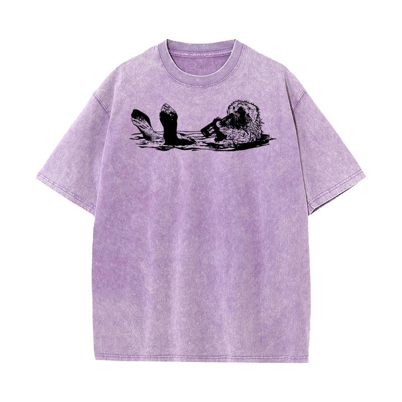 

Cute Otter Short Sleeve Tops Tees Round Collar Premium Cotton Men Retro Washed T Shirts Lose Washed TeeShirt Retro S