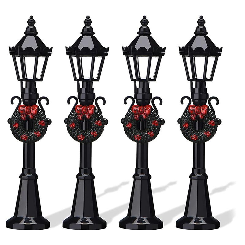4PCS Small Christmas Mini Street Lamp Desktop Ornaments Miniature Figurines Christmas Figurines Decorations Dollhouse Accessories