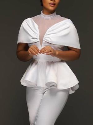 Women White Blouse Patchwork Mesh See Through Peplum Party Ruffles Event Elegant Ladies Shirts