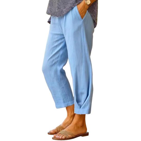 Women Pants Mid-rise Elastic Waist Solid Color Casual Trousers with Pockets Loose Fit Leisure