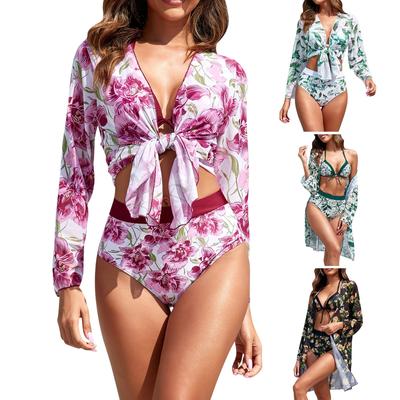 Women's Sexy Bikini Sunscreen Smock, Print Swimsuit Three Piece Set