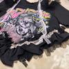 Used Y2K SYNAPSE FACTORY Graphic T-shirt Ruffle Lace Black
