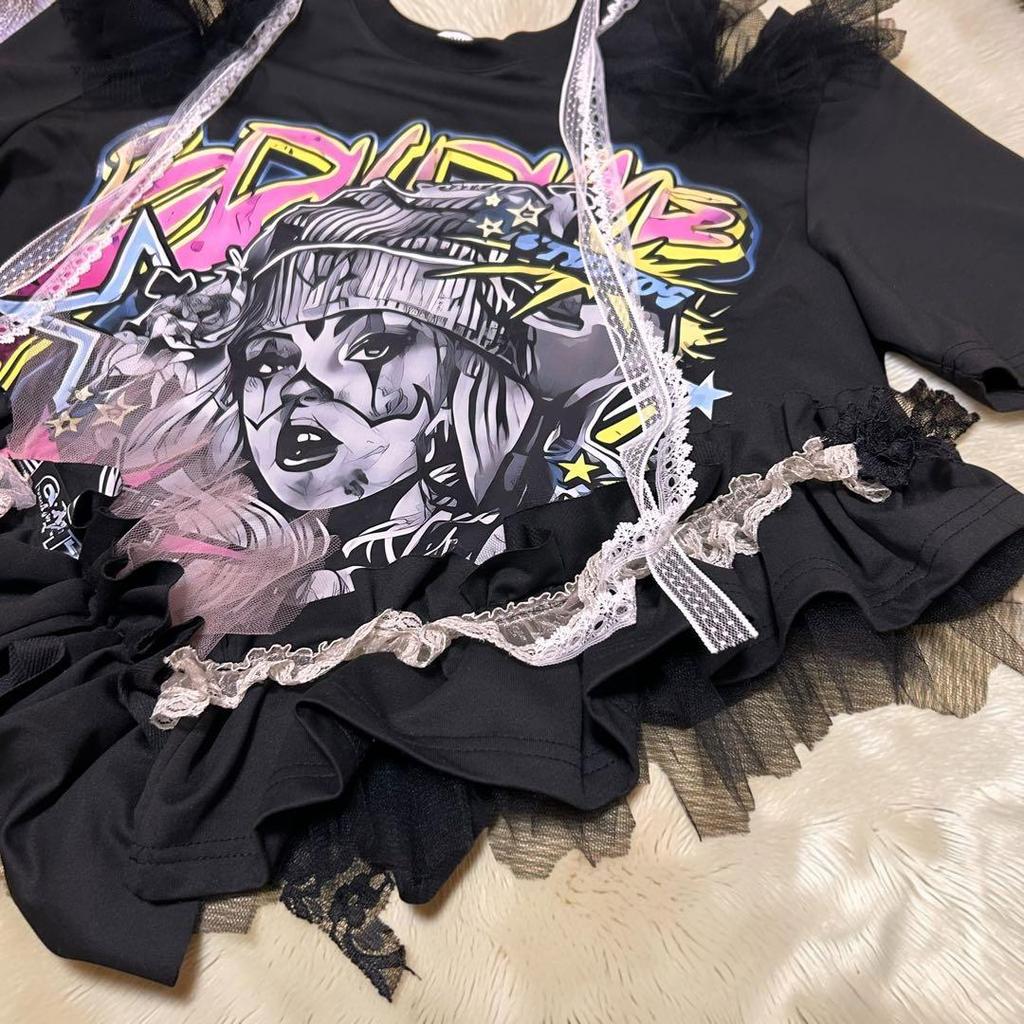Used Y2K SYNAPSE FACTORY Graphic T-shirt Ruffle Lace Black