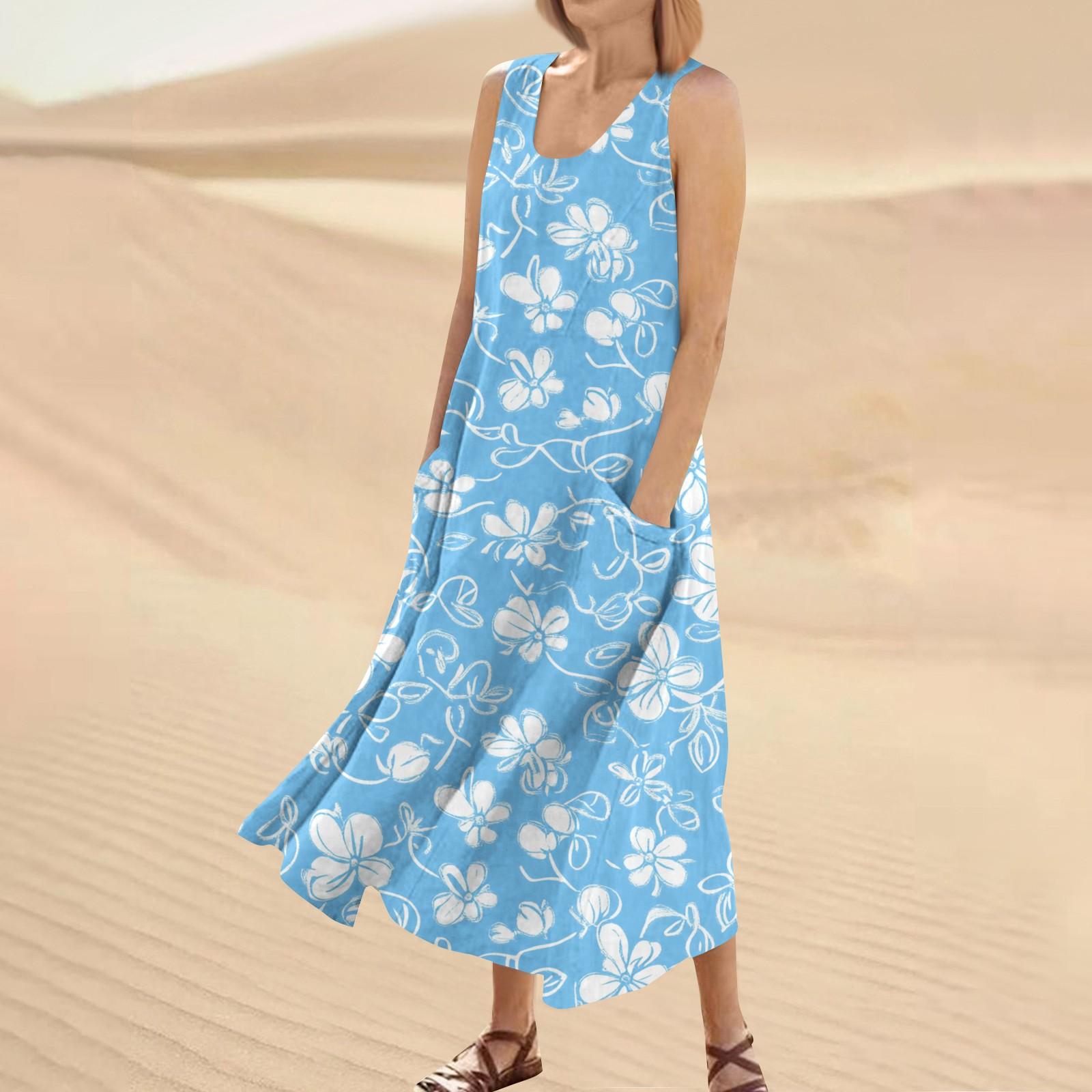 

Women s Fashion Casual Colour Sleeveless Cotton Linen Pocket Dress XL небо синє кольору