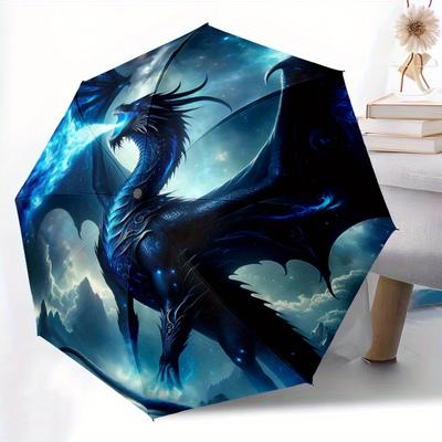 1 pièce Dragon Bleu Œuvre d'Art Fantastique Motif Belle Apparence Parapluie Pliant Automatique, 3 Pliages, Conception à 8 Baleines en Fer, Durable et Convient pour Tr