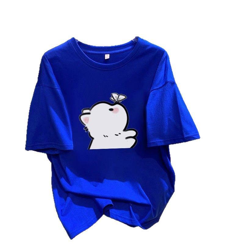 Korean Style Loose Fit Cartoon Print Women's Mid-Length Pure Cotton Short Sleeve Tee