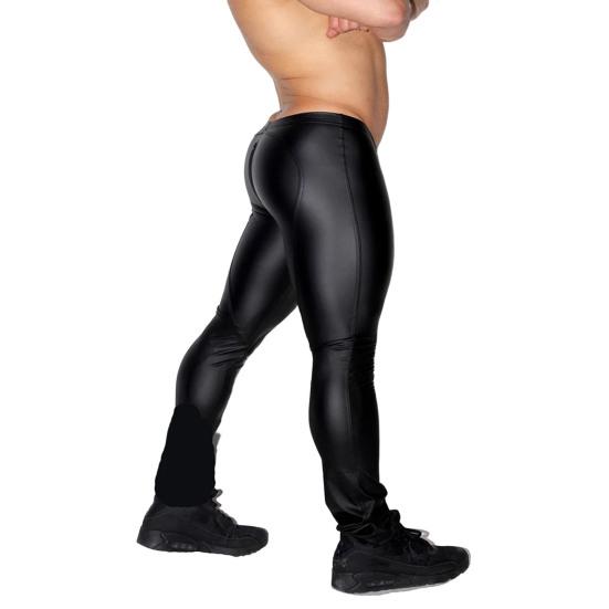 Pantalon en Faux cuir pour hommes, taille moyenne, élastique, fermeture éclair convexe, entrejambe ouvert, Sexy, slim, pantalon de Performance sur scène