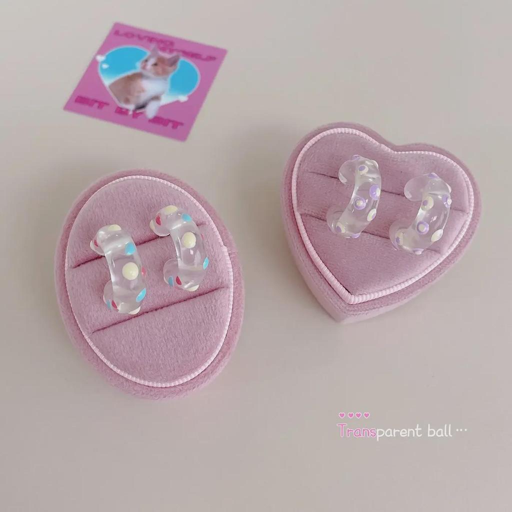 Sweet Polka Dot C Hoop Earrings with Clear Oil Drop Design - 925 Silver Needle