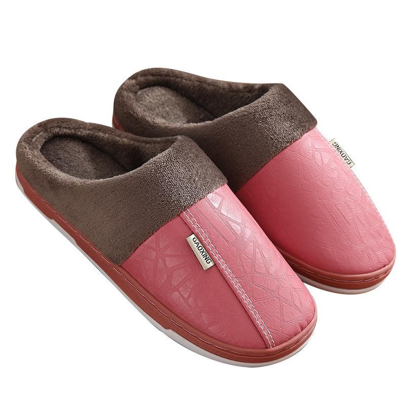 Autumn and winter new leather waterproof home cotton slippers men's household plush cotton slippers women's thickened home confinement shoes