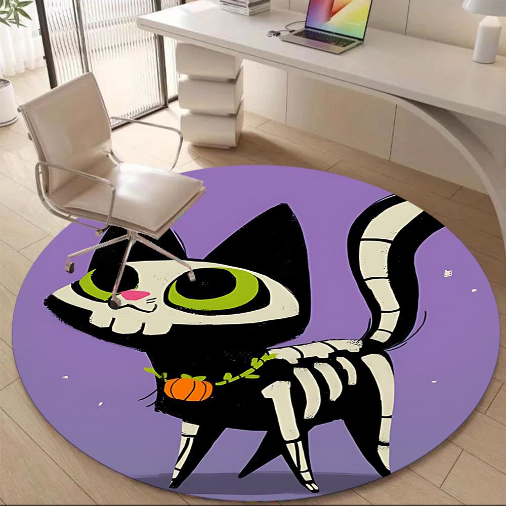 1pc Skelecat Halloween Office Round Area Rug, Under Office Chairs Bedroom Living Room Home Decor, Room Deco