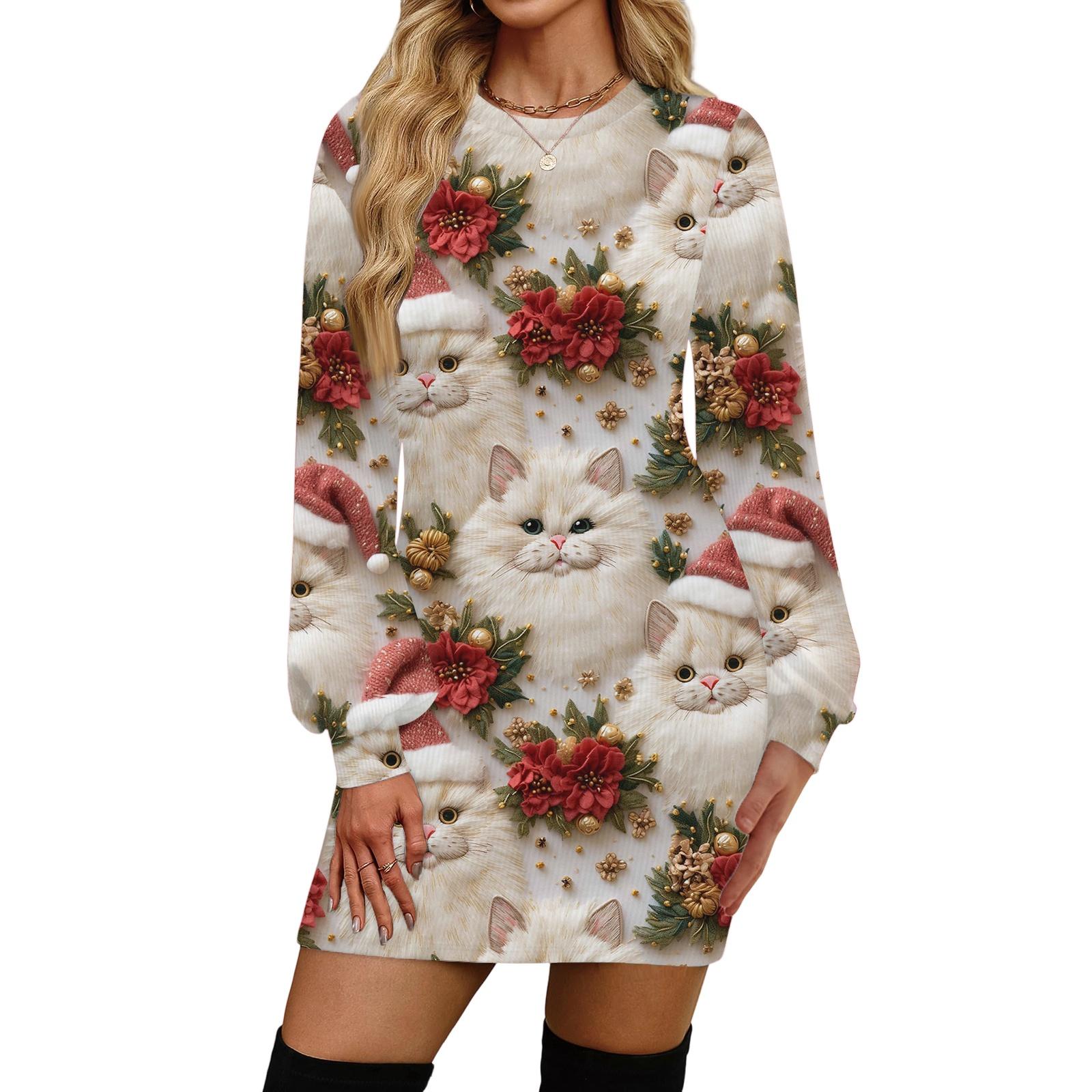 

Жіноча модна повсякденна сукня з різдвяним принтом, круглим вирізом і довгим рукавом S бежевий