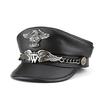Exclusive Real Cowhide Military Cap Man Genuine Leather Flat Top Hat Fashion Eaglemark Chain Punk Locomotive Casquette Male