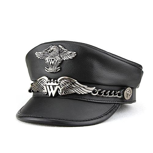 Exclusive Real Cowhide Military Cap Man Genuine Leather Flat Top Hat Fashion Eaglemark Chain Punk Locomotive Casquette Male