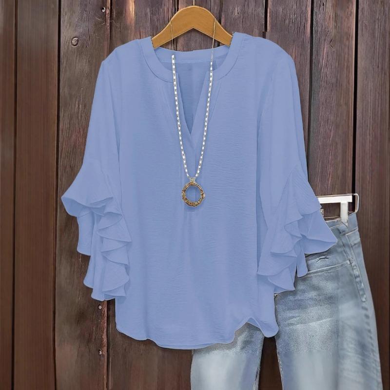 Fashion V-neck Loose Women Blouse Casual Plus Size Ruffled Seven Quarter Sleeve Shirt Spring Autumn Solid Color Sweet Simple Sweet Women's Clothing