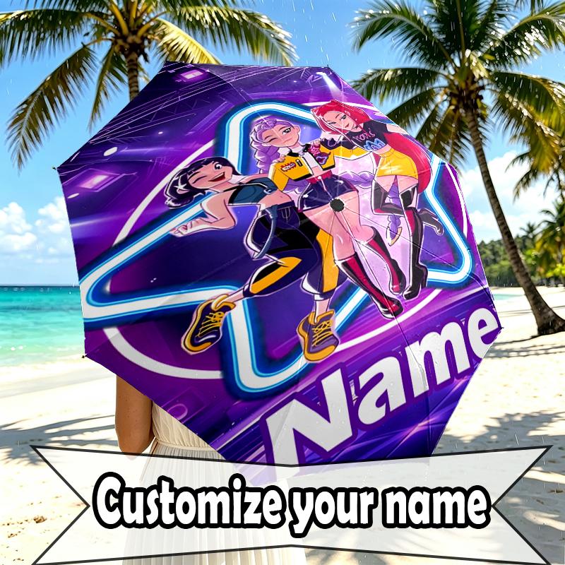 Custom Name Personalized KPop Demon Hunters Print Umbrella, Auto Open Close, 8‑Rib Sturdy Frame, Commute Camping Hiking Use, Birthday Gift