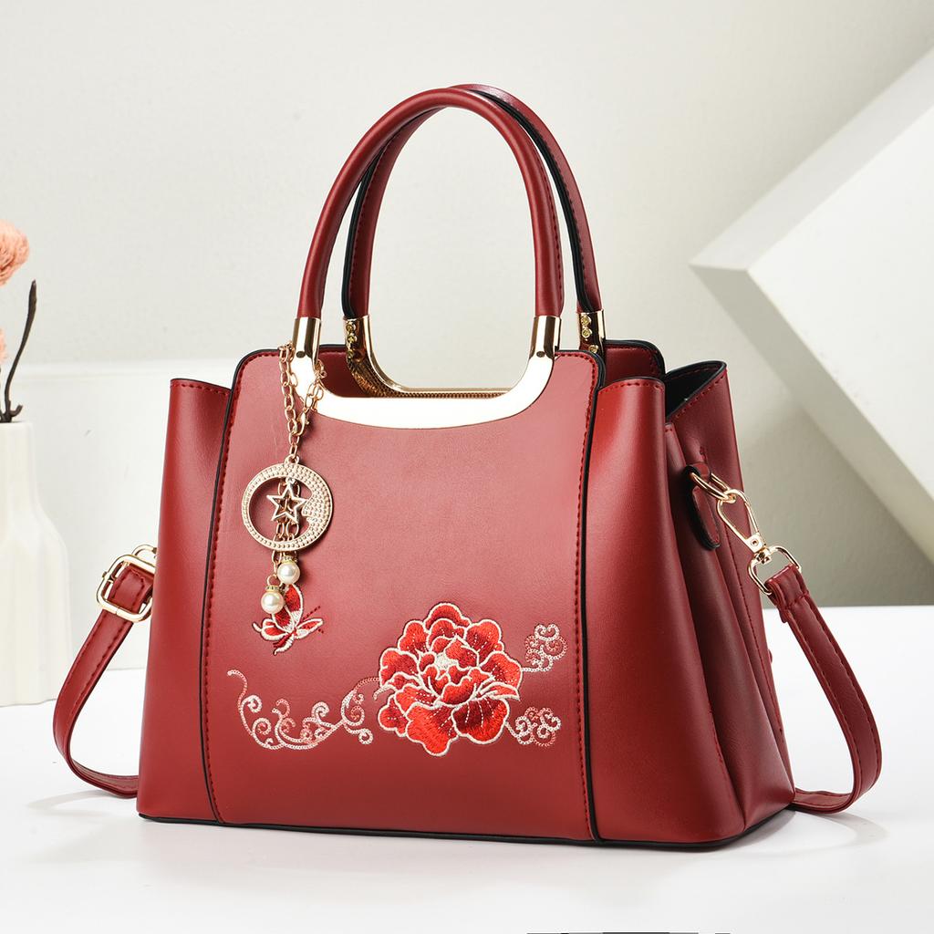 Fashionable Embroidered Crossbody Bag New Women's Single Shoulder Handbag for Middle-Aged Women Durable PU Leather Bags