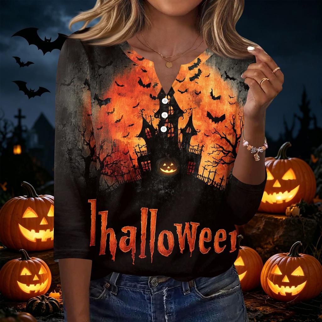 Damen Freizeit Top mit Halloween-Print, Henley-Kragen, Dreiviertelärm, festlichem Grafikdruck und lockerer Passform für die Herbstsaison