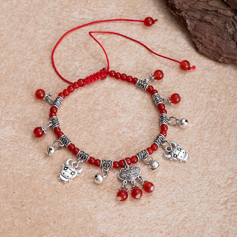 Imitation Red Agate Zodiac Foot ChainRed Rope Bell Hidden Silver Peace Lock Foot Rope Accessory
