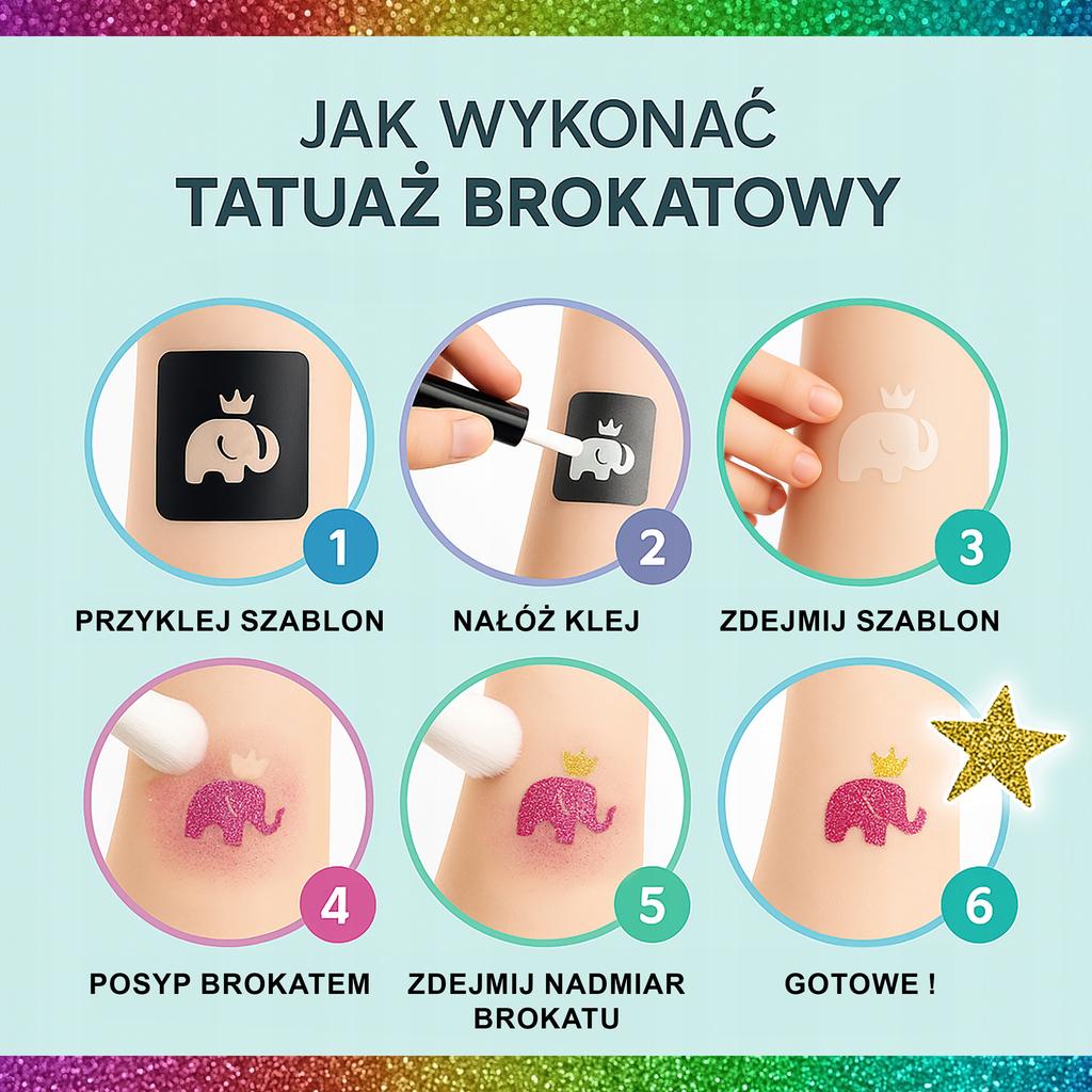Tatuaże Brokatowe Zmywalne Zestaw Dla Dzieci Samoprzylepne Kryształki