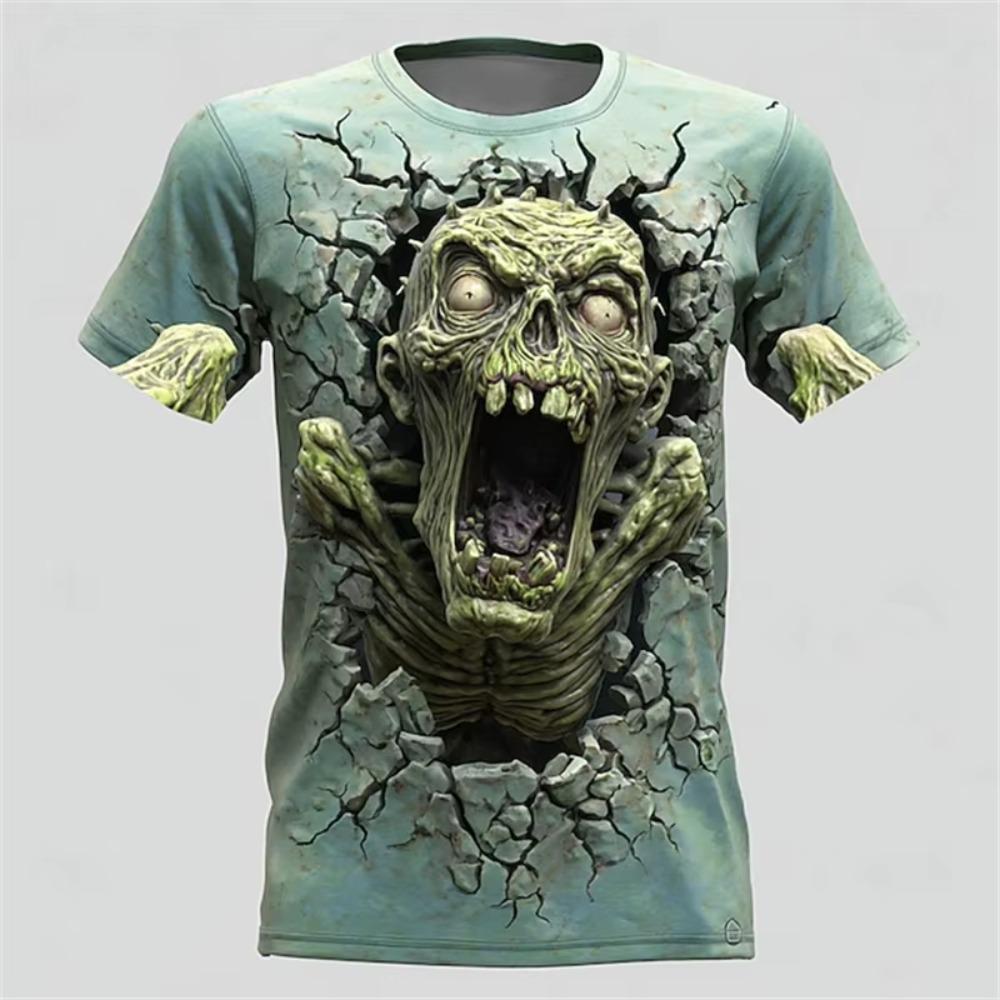 New Halloween Weird Skull Print Casual Crew Neck Short Sleeve Loose T-Shirt