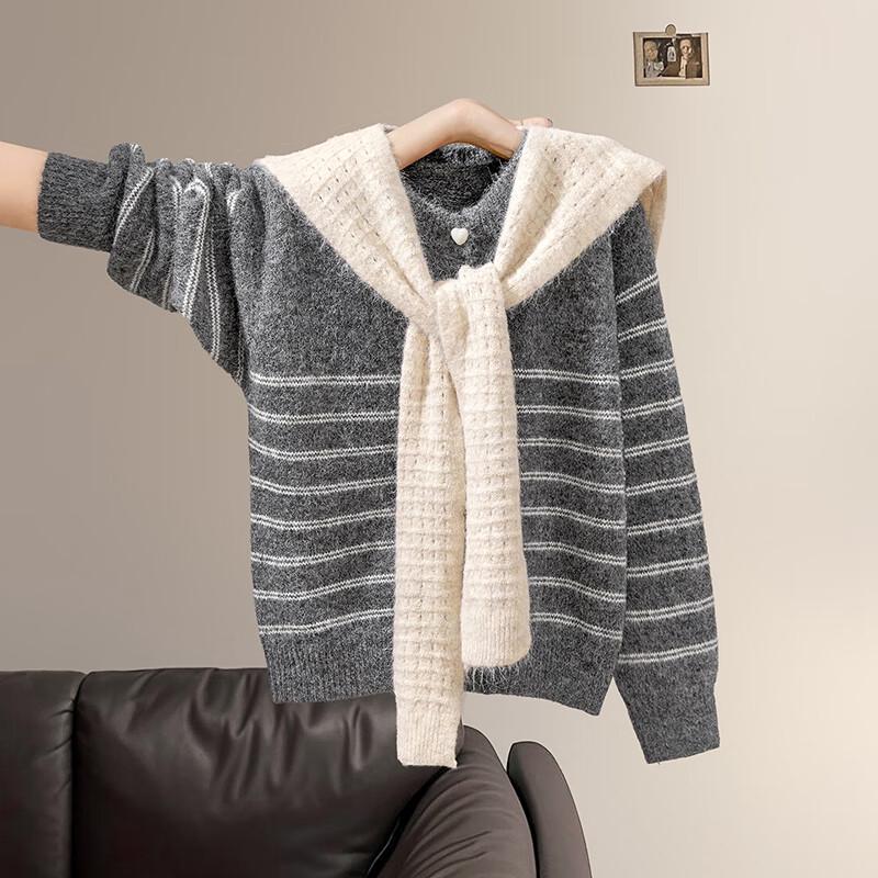 Women's Wool Blend Striped Knit Top with Heart Buttons