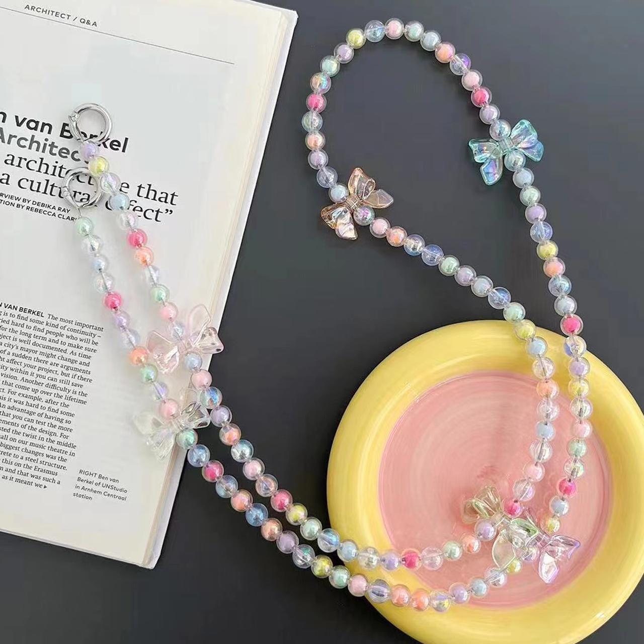 

120cm Crossbody Beaded Strap Butterfly Decor Colorful Beads Phone Chain Lanyard with Tether Tab