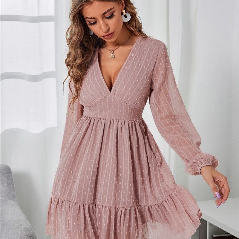 

2022 Women Ins Long Sleeve Vneck High Waist Commuter Dress Pink L