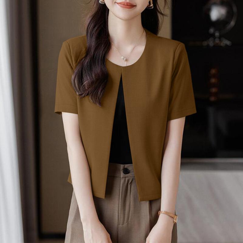 ZANZEA Women Casual Round Neck Short Sleeve Thin Cardigan Tops